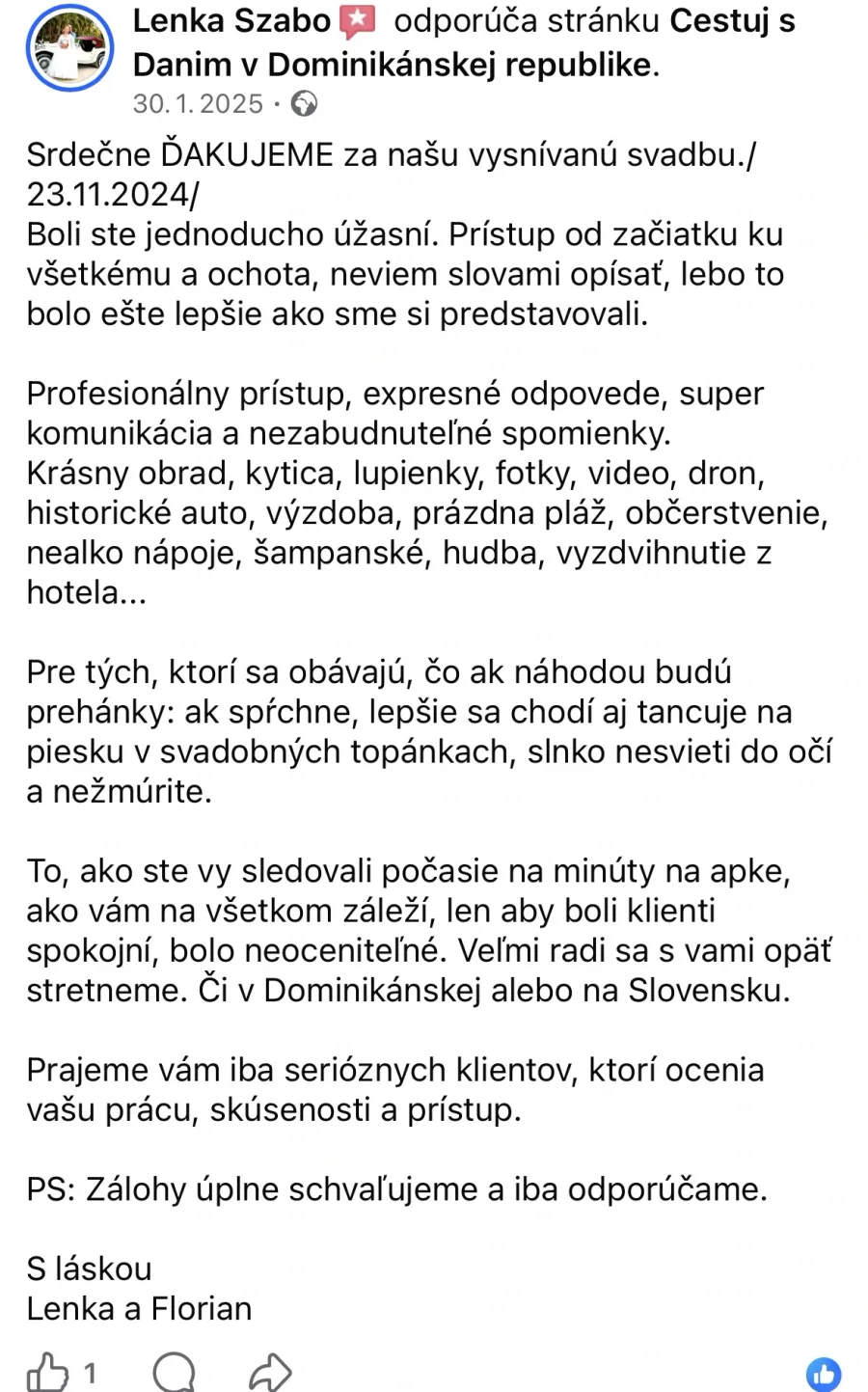 Recenzia klientov na svadbu a služby