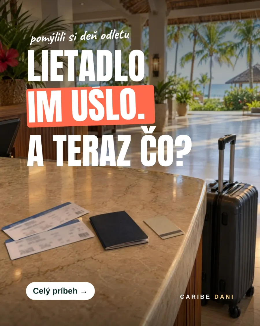 Hotelová recepcia s dvoma letenkami, pasom a kufrom. Nápis: Lietadlo im ušlo. A teraz čo?