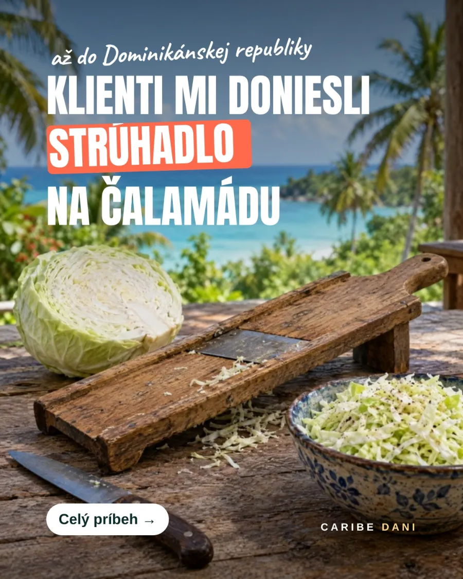 Staré dřevěné struhadlo, hlávka zelí a miska zelného salátu na stole u moře. Nápis ve slovenštině: Klienti mi přivezli struhadlo na čalamádu.